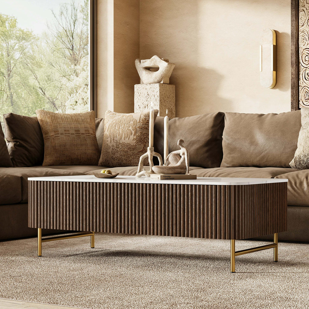 Aura Fluted Oak Stone Coffee Table 47"W