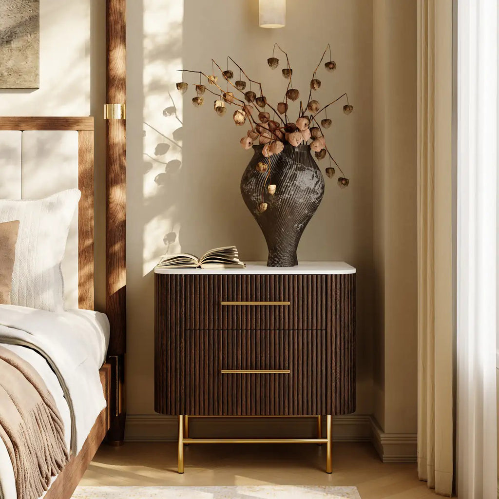 Aura Fluted Oak Stone Nightstand 26"