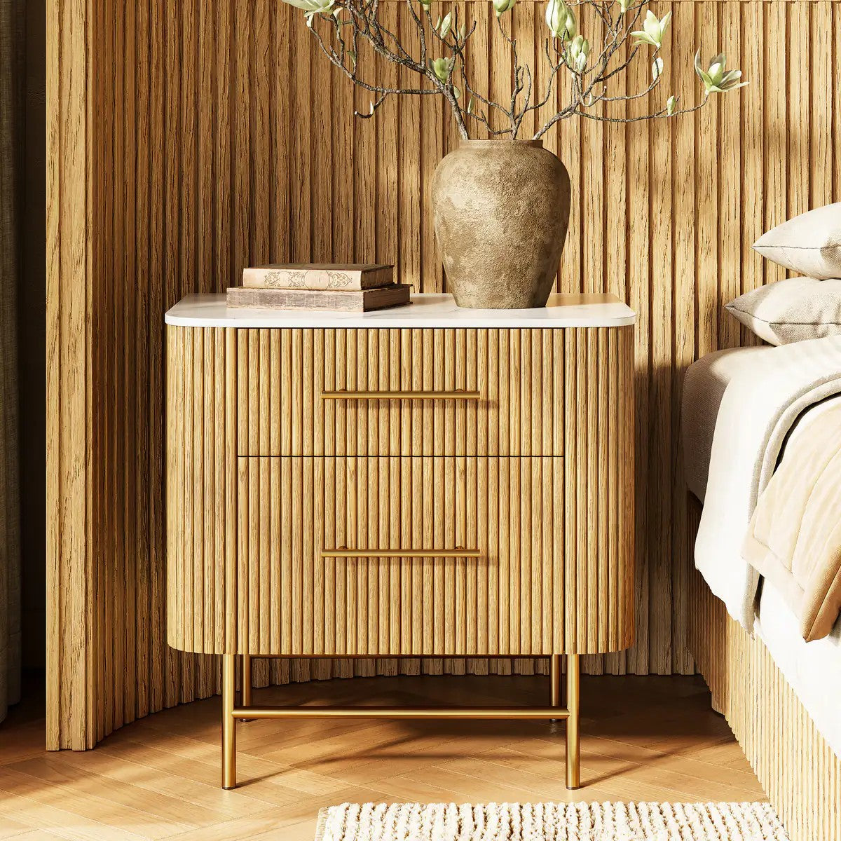 Aura Fluted Oak Stone Nightstand 26"