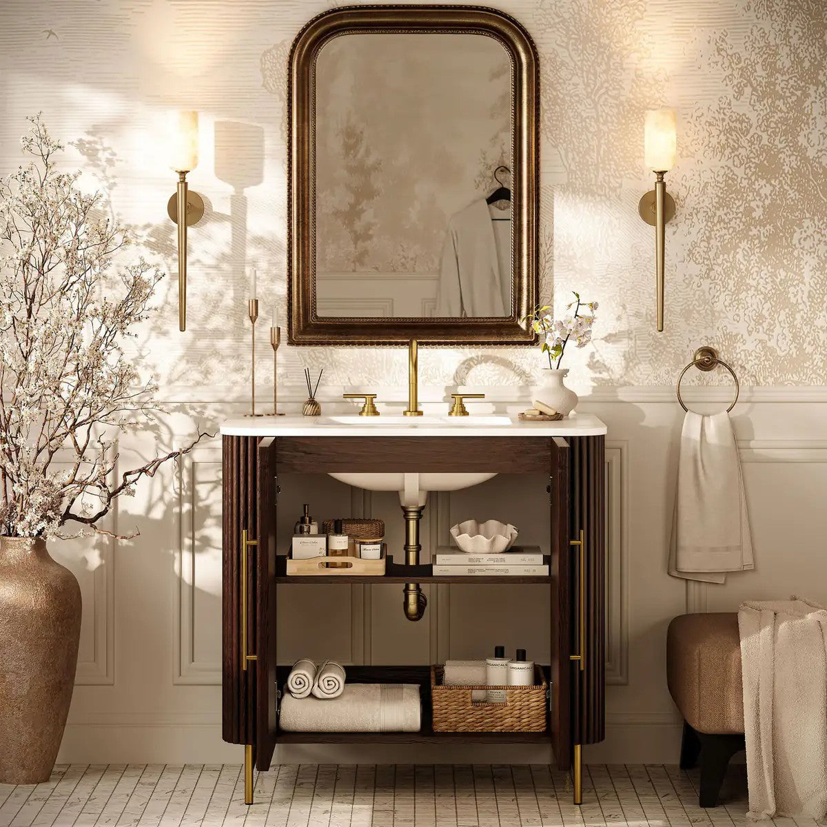 Aura Fluted Oak Stone Bathroom Vanity 36“