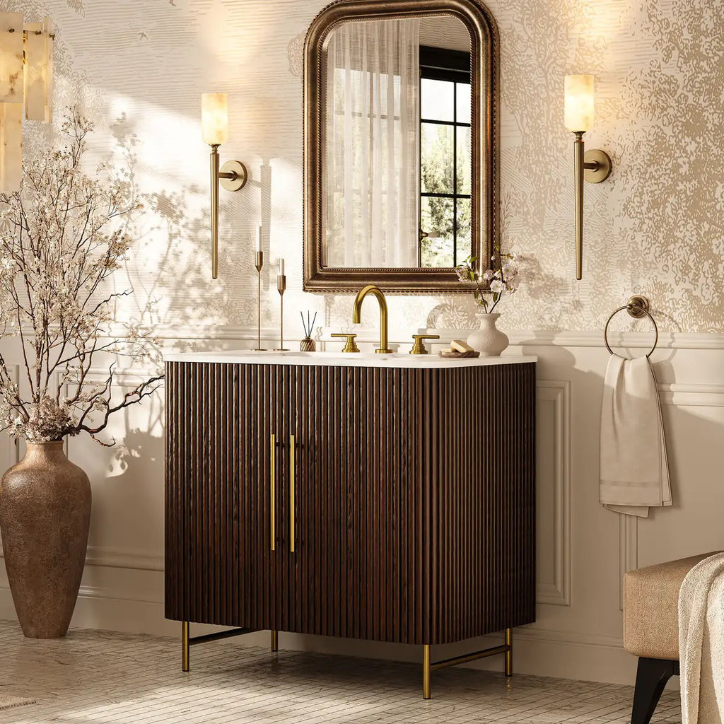 Aura Fluted Oak Stone Bathroom Vanity 36“
