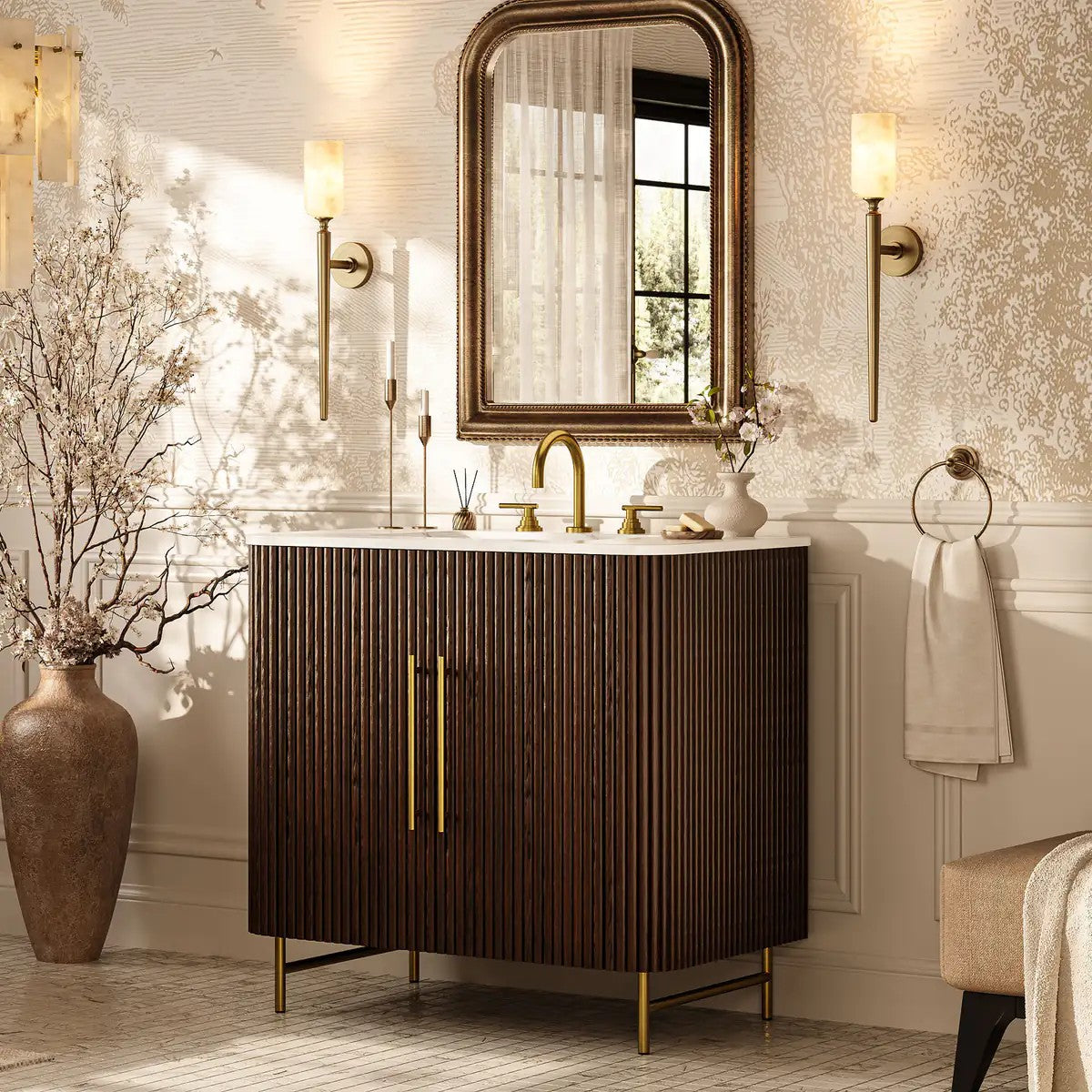 Aura Fluted Oak Stone Bathroom Vanity 36“