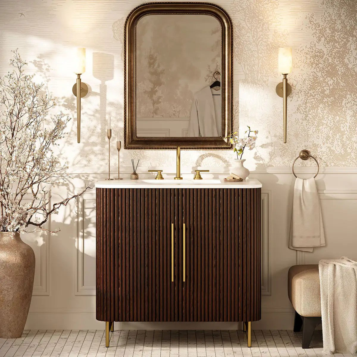 Aura Fluted Oak Stone Bathroom Vanity 36“