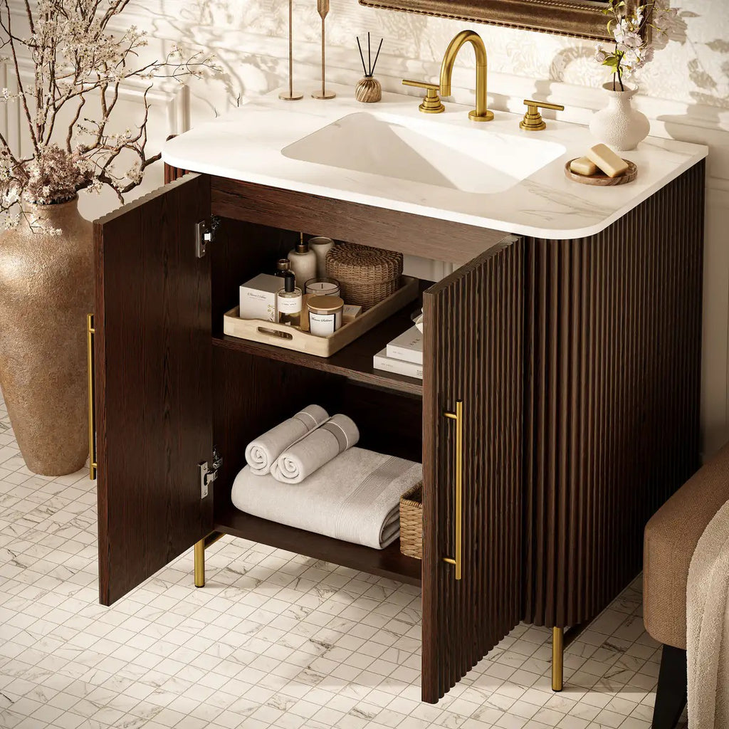 Aura Fluted Oak Stone Bathroom Vanity 36“