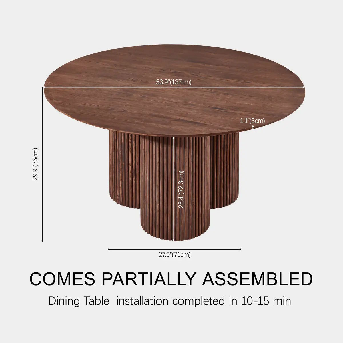Aura Fluted Oak Wood Dining Table 54"D