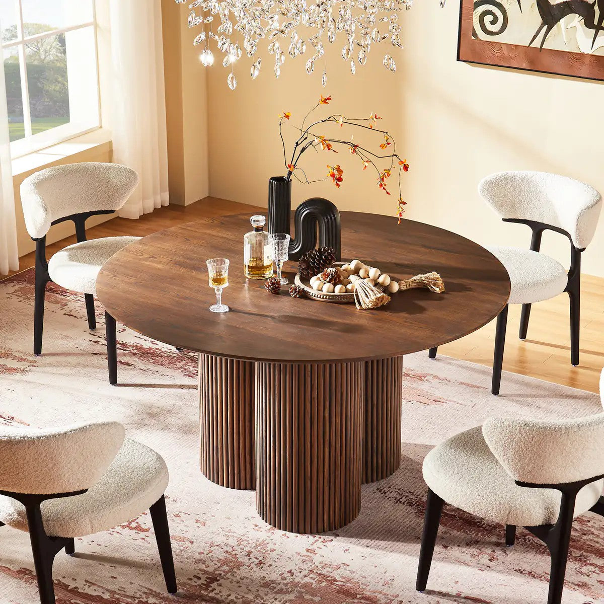 Aura Fluted Oak Wood Dining Table 54"D