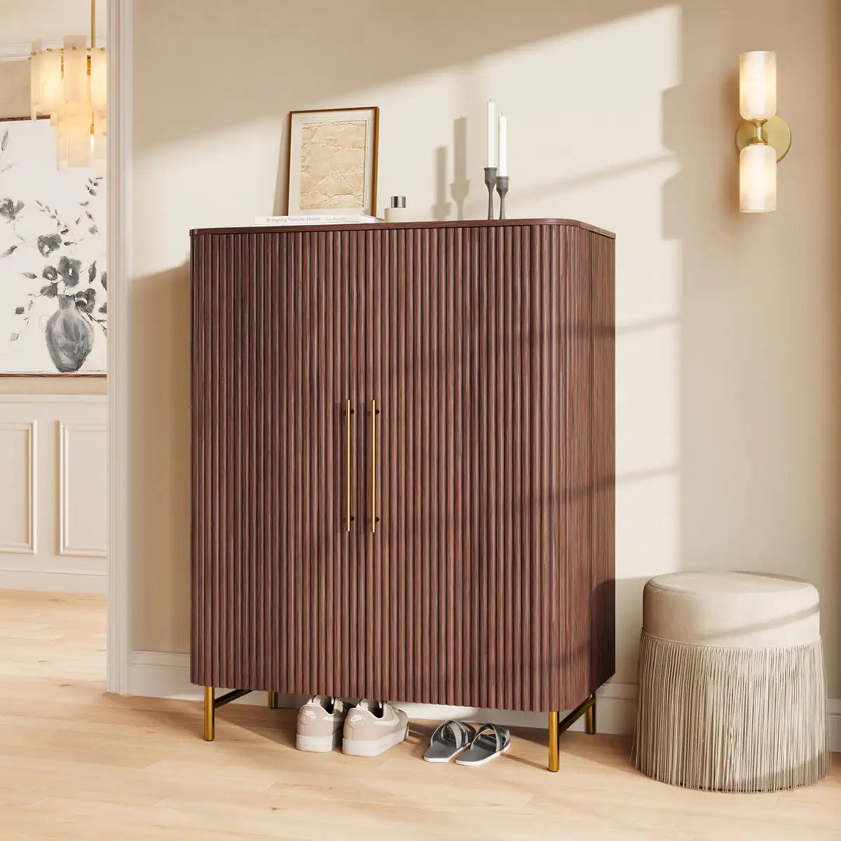 Aura Fluted Oak Wood Shoe Storage 47"W