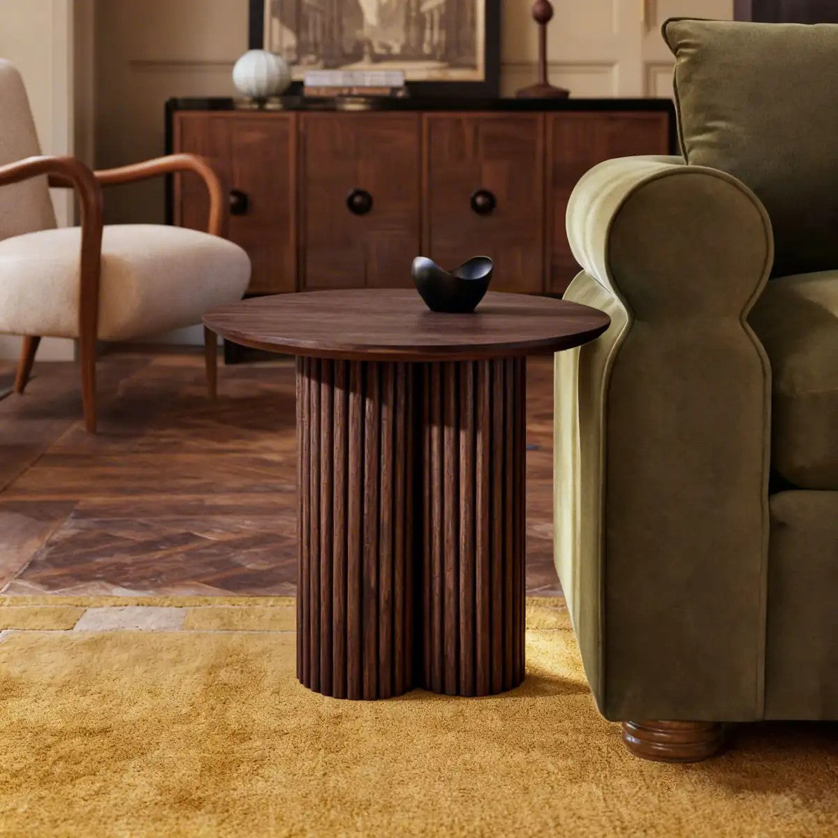 Aura Fluted Oak Wood Side Table 24"D