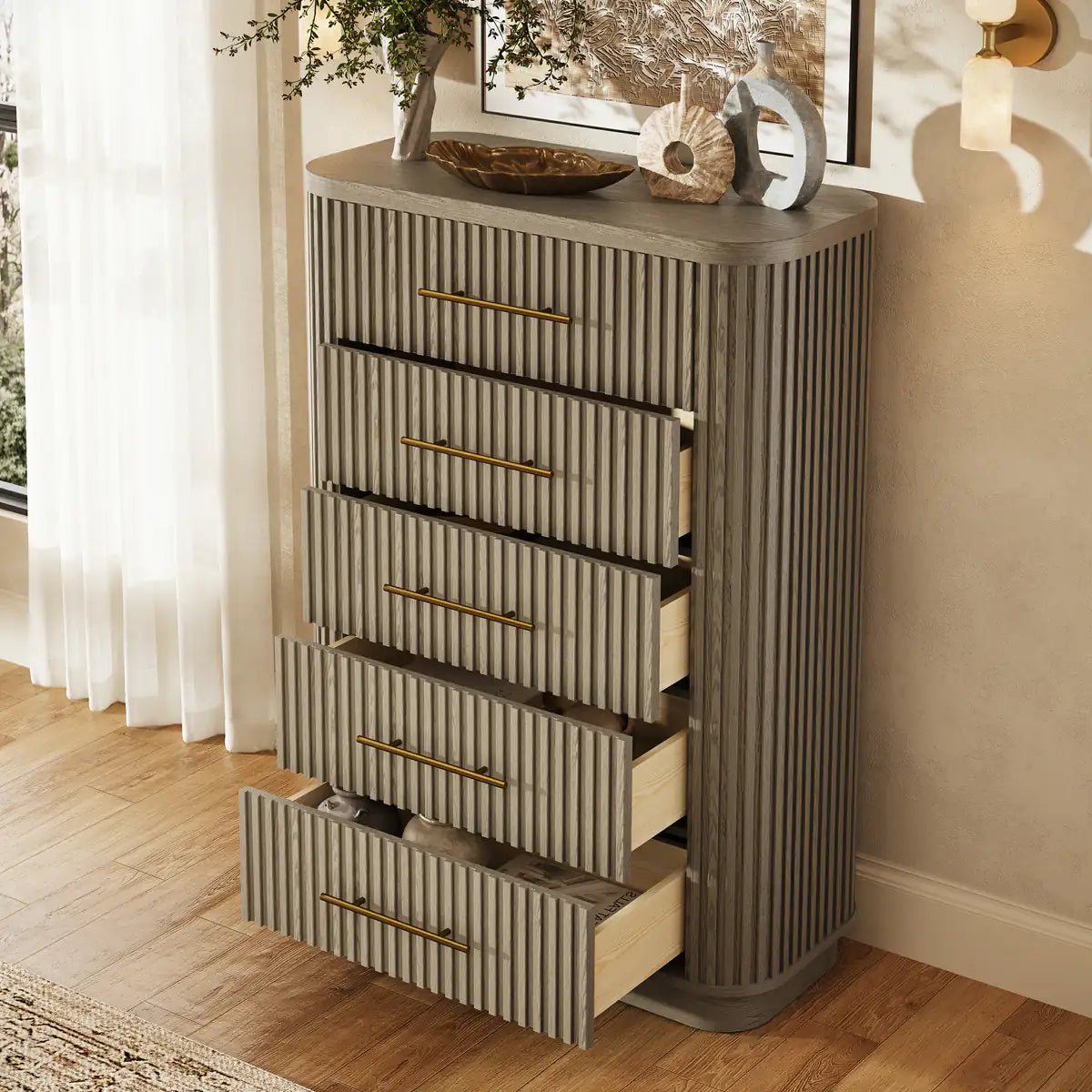 Cove Fluted Solid Oak 5-Dreawer Dresser