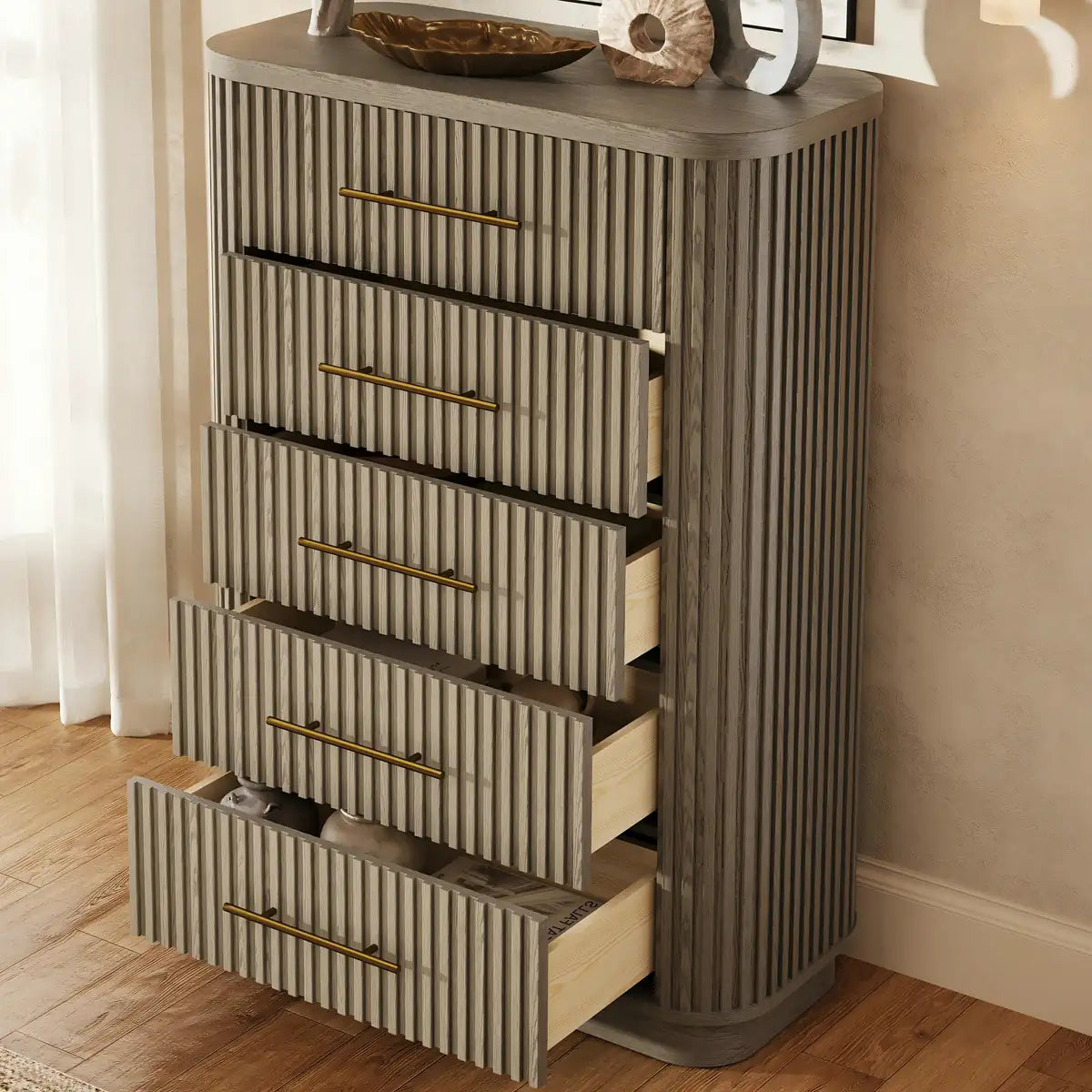Cove Fluted Solid Oak 5-Dreawer Dresser