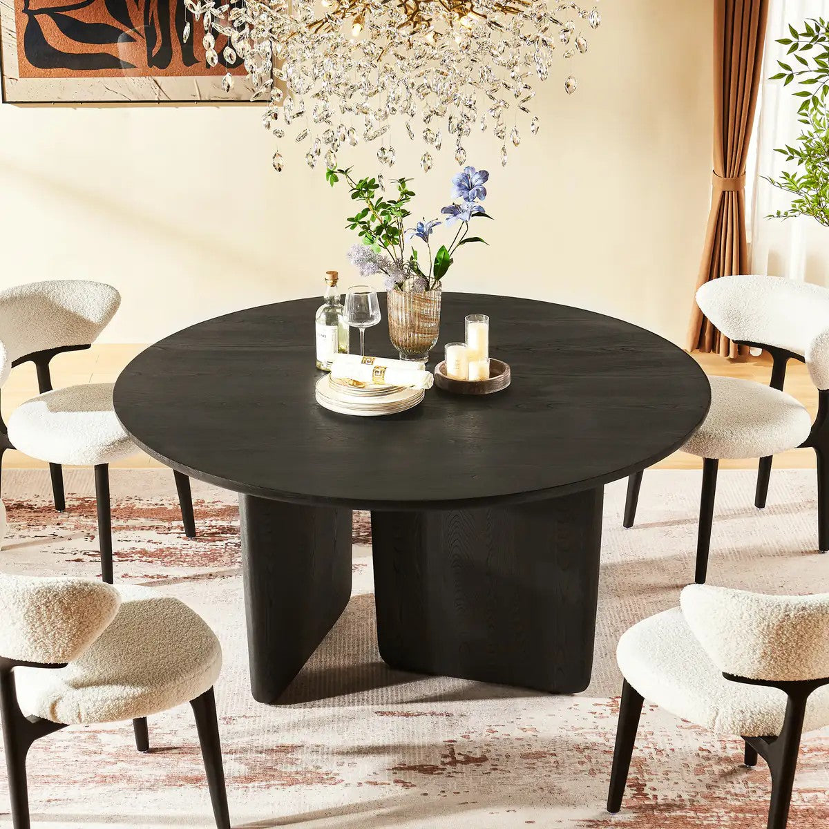 Veyrah Sculptural Solid Wood Round Dining Table